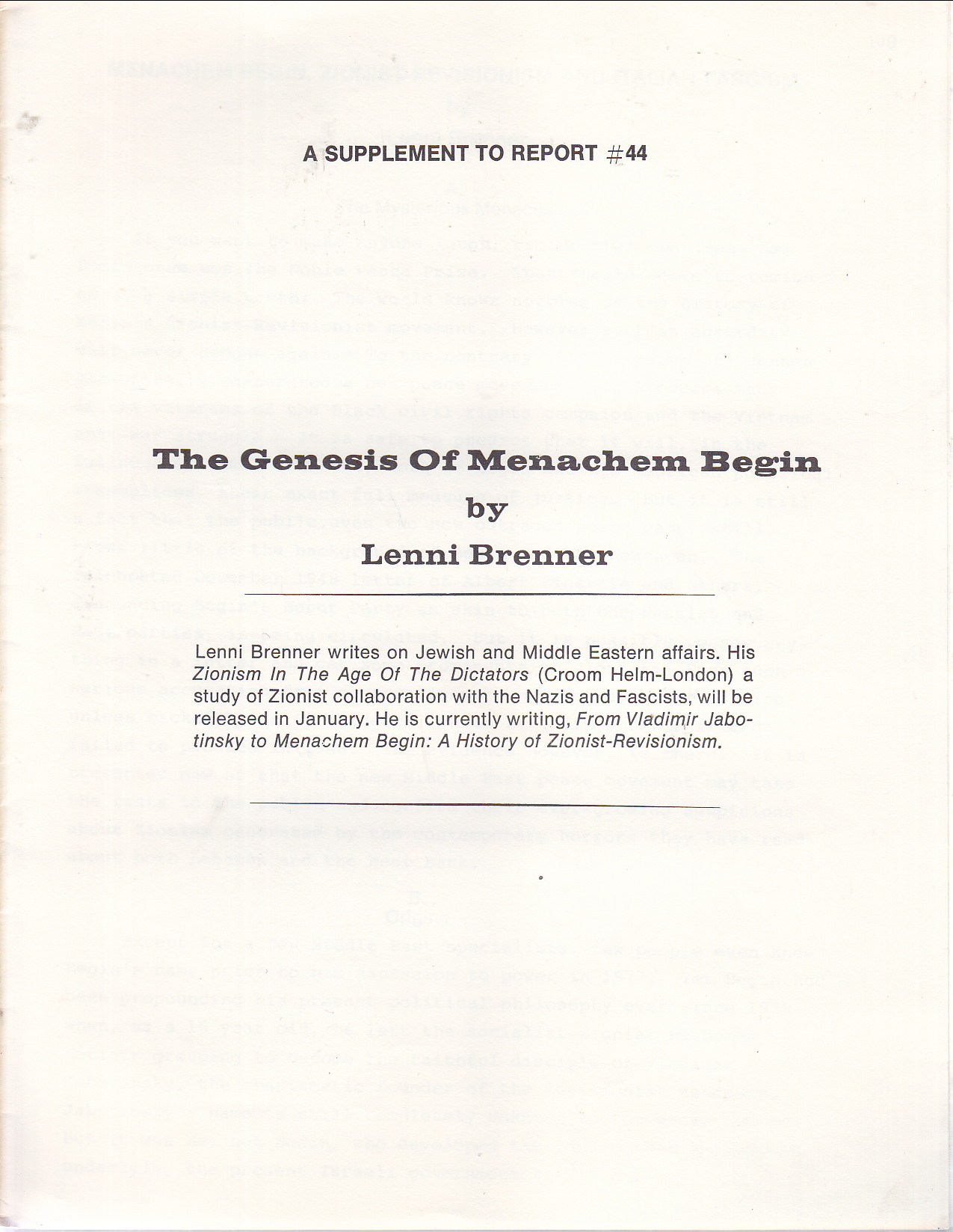 Genesis of Menachem Begin (supplement to report #44)